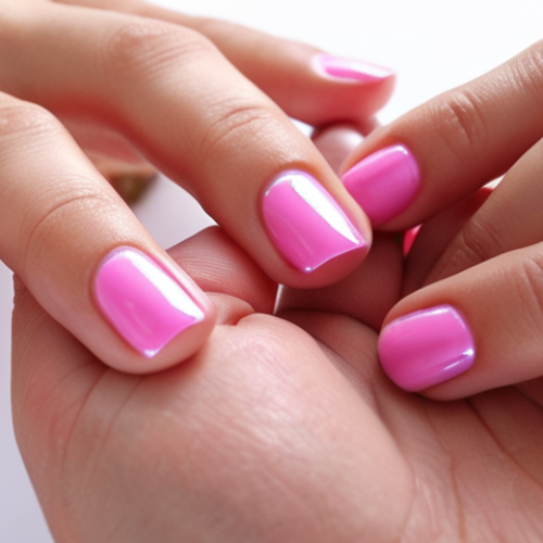 Home 6 **Image Prompt:** Close-up of hands applying a glossy top coat to freshly painted nails, bright pastel pink polish, reflecting light, focus on the shine.
