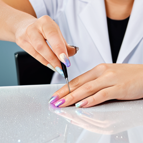 Home 20 A professional nail artist, fully clothed in a modest, clean salon uniform, meticulously applying iridescent micro-glitter onto a client's fingernail using a fine brush. The artist's well-formed hands and the client's hand are in a natural pose, visible against a modern, well-lit nail salon background with neatly organized tools. The scene depicts a delicate and precise application process. Perfect anatomy, correct proportions, natural body proportions, appropriate attire, safe for work, appropriate content, professional, high quality.