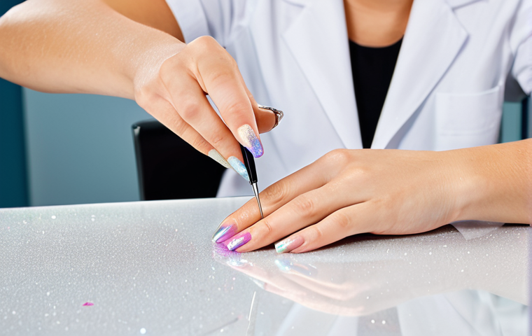 A professional nail artist, fully clothed in a modest, clean salon uniform, meticulously applying iridescent micro-glitter onto a client's fingernail using a fine brush. The artist's well-formed hands and the client's hand are in a natural pose, visible against a modern, well-lit nail salon background with neatly organized tools. The scene depicts a delicate and precise application process. Perfect anatomy, correct proportions, natural body proportions, appropriate attire, safe for work, appropriate content, professional, high quality.