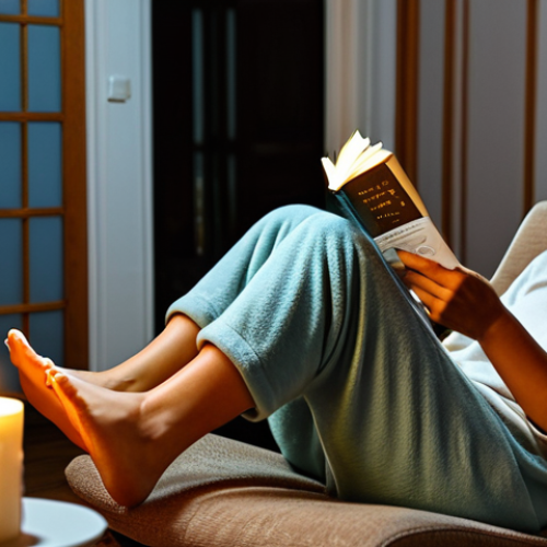 Home 19 Pampering Foot Mask Session**
A woman relaxing at home, sitting comfortably in a chair, fully clothed in comfortable loungewear, applying a foot mask. Candles are lit nearby, and a book rests in her lap. Soft, warm lighting. safe for work, appropriate content, fully clothed, professional photography, perfect anatomy, natural proportions, family-friendly.
**