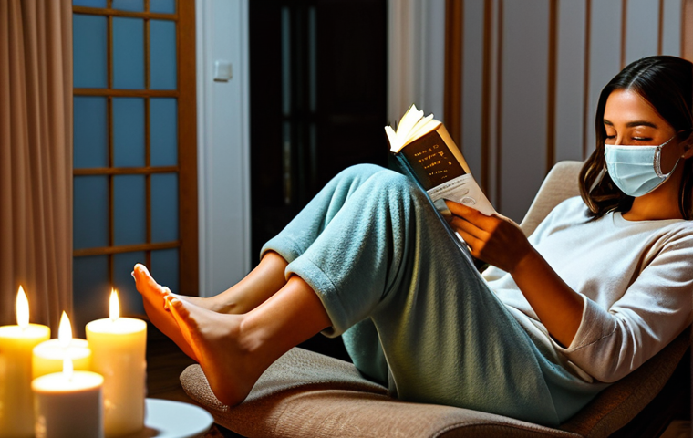 Pampering Foot Mask Session**
A woman relaxing at home, sitting comfortably in a chair, fully clothed in comfortable loungewear, applying a foot mask. Candles are lit nearby, and a book rests in her lap. Soft, warm lighting. safe for work, appropriate content, fully clothed, professional photography, perfect anatomy, natural proportions, family-friendly.
**
