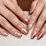 로즈골드 네일 컬러 추천 - **Prompt:** "Close-up of well-manicured hands with rose gold glitter accent nail art, nude and rose ...