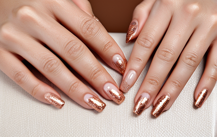 로즈골드 네일 컬러 추천 - **Prompt:** "Close-up of well-manicured hands with rose gold glitter accent nail art, nude and rose ...